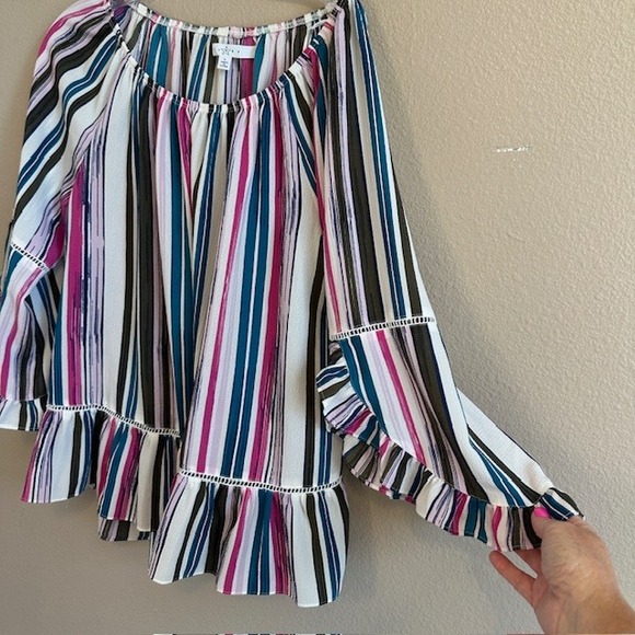 Fever Women's Off The Shoulder Multicolor Striped Tunic Blouse Flutter Sleeve LG - Picture 7 of 8